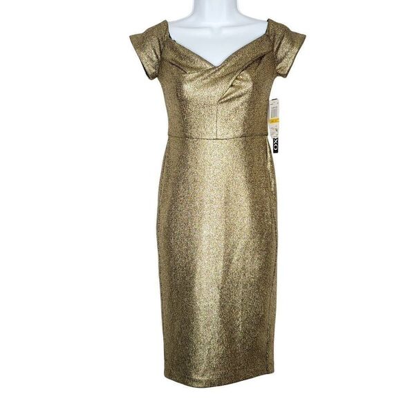 NEW XOXO Bodycon Dress V Neck Cap Sleeve S Gold Metallic Black Party Cocktail - Picture 1 of 7